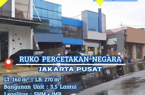 Dijual Ruko Percetakan Negara Lokasi Strategis Jalan Raya